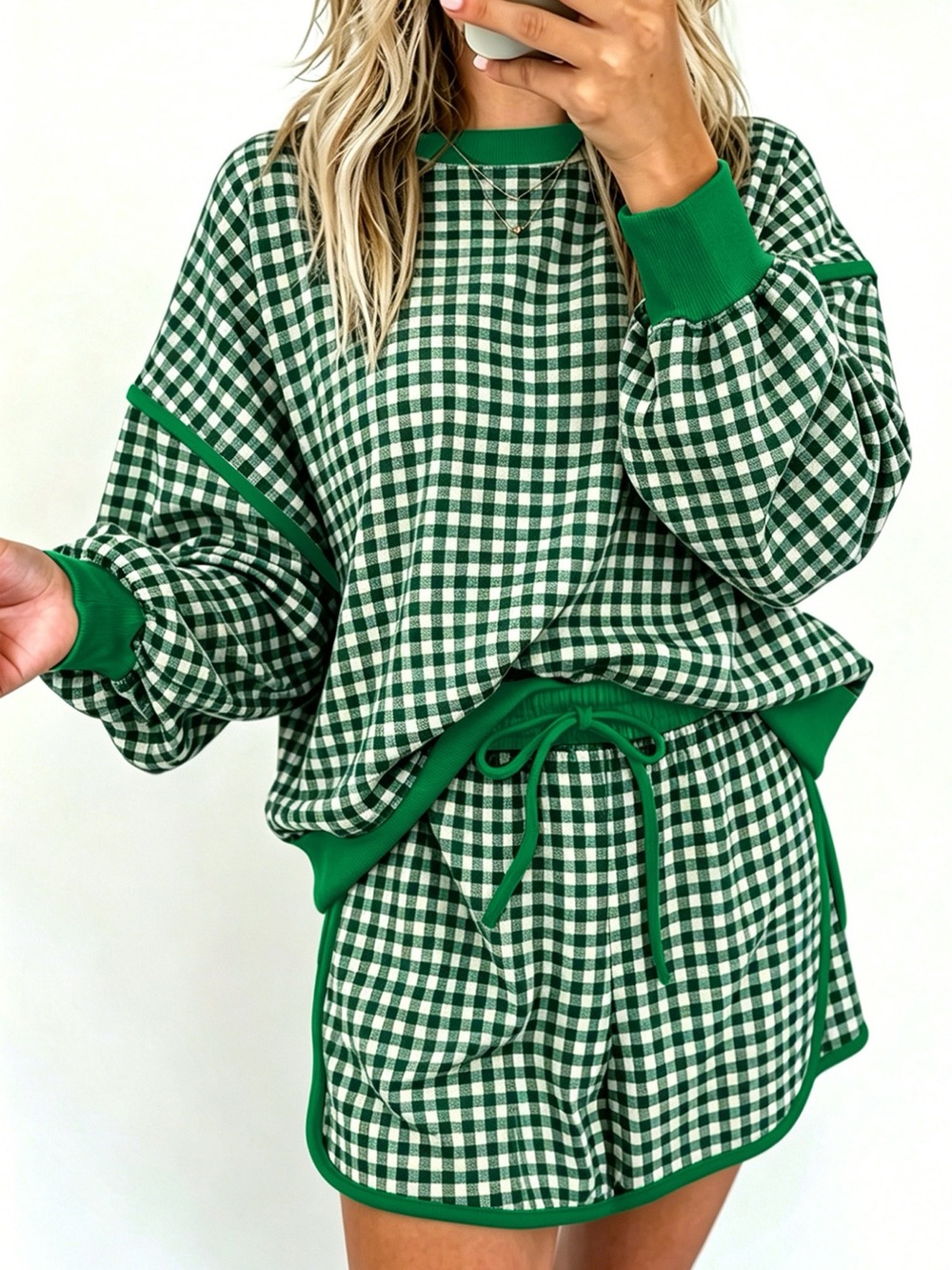 Gingham Long Sleeve Sweatshirt and Shorts Set